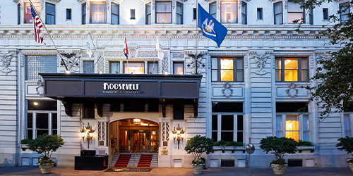 An exterior shot of the venue, The Roosevelt New Orleans, A Waldorf Astoria Hotel